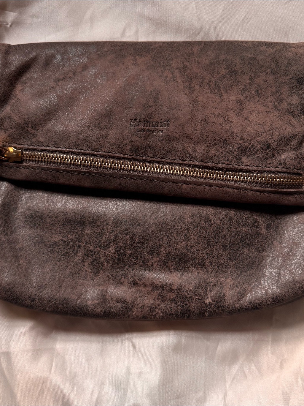 Hammitt Brown Distressed Leather Fold-Over Clutch With Gold Zipper